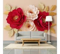 Papier Peint Panoramique Plante En Papier Découpé Fleurs De Pivoine 250 x 175 cm Papier Peint Photo Intissé, Nouvel An Chinois Fresque Murale Décoration, pour Salon Entrée Couloir