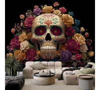 Papier peint panoramique plante fleur tête de mort mexicaine, photo mural moderne 300L x 210H cm - Papier peint décoration de maison style horreur pour salon, chambre, chambre des enfants, bureau