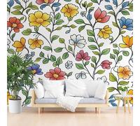 Papier Peint Panoramique Plantes et Fleurs Coloré Papier Peint Intissé Poster Mural xxl Fleurs Peintes Poster Geant Mural Personnalisé 3D pour Salon Chambre Décoration Murale 200x140cm(L x H)