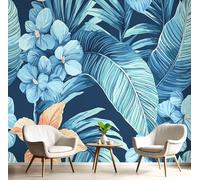 Papier Peint Panoramique Plantes Et Fleurs Tropicales Papier Peint en Soie Style Aquarelle Revêtement Mural pour Salon, Adulte Chambre d'enfants, Restaurant Décoration 400x280cm, Bleu Profond