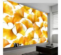 Papier peint panoramique plantes jaune feuilles de ginkgo, Papier peint intissé style aquarelle art esthétique moderne pour salon adulte chambre d'Enfants restaurant décoration murale 400L x 280H cm