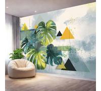 Papier Peint Panoramique Plantes Modernes Tropicales Formes Géométriques, Blanc Grisâtre Imprimé Poster Mural Papier Peint Intissé - Pour Salon Chambre Chambre Des Enfants Bureau 400 x 280 cm（WxH)