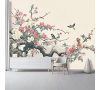 Papier Peint Panoramique Plantes Orientales Branches Fleurs Rose Beige Papier Peint Photo Mural Intissé, Poster Pour Salon Chambre Tête de Lit Chambre & Couloir, 250 x 175 cm