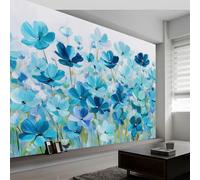 Papier Peint Panoramique Plantes Peinture À L'Huile Fleurs Bleues Feuilles Papier Peint Intissé Campagne Française Tapisserie Poster Mural pour Salon Chambre Décoration Murale 250(L) x 175(H) cm
