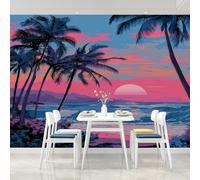 Papier Peint Panoramique Plantes Tropicales : Palmier Poster Geant Mural Personnalisé 3D Papier Peint Pour Salon Chambre D'Enfant Décoration Murale, Vagues Coucher De Soleil Murales 450x315cm(L x H)