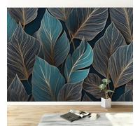 Papier peint panoramique plantes turquoise feuilles rayures, Papier peint intissé français art esthétique moderne pour salon adulte chambre d'Enfants restaurant décoration murale 300L x 210H cm