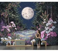 Papier Peint Panoramique Pleine Lune Fleurs Marines Forêt, Vert Papier Peint Soie Mural 250x175cm 3D Photo Wallpaper Pour Chambre D'enfants - Décor Onirique Et Romantique Poster Tableaux Photo Muraux