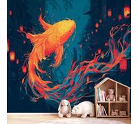 Papier Peint Panoramique Poisson Architecture Oriental Chinoiserie 350x256cm(LxH), Papier Peint Intissé Carpe Koï Orange Lanterne Fresque Décoration Murale Salon Chambre Bureau - Non adhésif