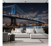 Papier Peint Panoramique Pont De Manhattan À New York Gris Anthracite 200X140Cm, Fresque Murale Intissé Vue Nocturne Moderne, Papier Peint Pour Salon Chambre D'Enfants Restaurant Décoration Murale