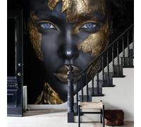Papier Peint Panoramique Portrait Facial Haut Gamme Poster Geant Mural Maquillage Feuille D'Or Papier Peint Soie Or Noir Fresque Murale pour Salon Canapé TV Fond Décoration Murale, 250x175cm