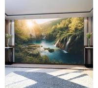 Papier Peint Panoramique Poster Géant Mural Lacs cascades et soleil 350 x 256 cm Vert 3D Tapisserie Photo Intissée Fresque Salon Chambre Fond TV