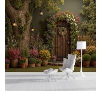 Papier Peint Panoramique Pots De Fleurs Et Vignes 300x210cm - XXL Tableaux Muraux Thème Du Printemps Revêtement Mural Décoration Murale pour Chambre Salle de Bain Couloir, Vert Foncé