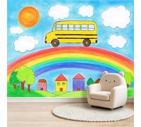 Papier peint Panoramique pour Enfant 150 x 105 cm Multicolore - Photo Murale Bus scolaire ville cartoon éducatif - Revêtement Mural Décoratif - Décoration pour Salon, Chambre, Cuisine, Salle de Bain