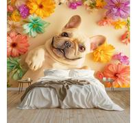 Papier peint Panoramique pour Enfant 250 x 175 cm Crème - Photo Murale Animal Chien Marguerite Floral - Revêtement Mural Décoratif - Décoration pour Salon Chambre Cuisine Salle de Bain Ado