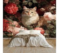 Papier peint Panoramique pour Enfant 250 x 175 cm - Photo Murale Animal Chat Style Peinture à l'huile Floral - Revêtement Mural Décoratif - Décoration pour Salon Chambre Cuisine Salle de Bain Ado