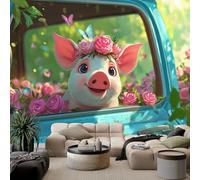 Papier peint Panoramique pour Enfant 300 x 210 cm - Photo Murale Animaux Cochons Roses Camion bleu - Revêtement Mural Décoratif - Décoration pour Salon, Chambre, Cuisine, Salle de Bain, Ado