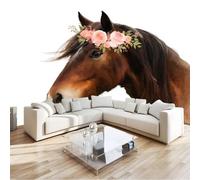 Papier peint Panoramique pour Enfant 300 x 210 cm - Photo Murale Cheval brun Aquarelle Couronne de roses - Revêtement Mural Décoratif - Décoration pour Salon Chambre Cuisine Salle de Bain Ado