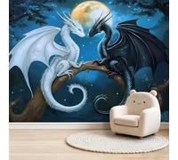 Papier peint Panoramique pour Enfant 300 x 280 cm - Photo Murale Dragon blanc et dragon noir fantasy - Revêtement Mural Décoratif - Décoration pour Salon, Chambre, Cuisine, Salle de Bain, Ado