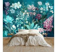 Papier peint Panoramique pour Enfant 350 x 256 cm Turquoise - Photo Murale Style jungle plantes fleurs - Revêtement Mural Décoratif - Décoration pour Salon Chambre Cuisine Salle de Bain Ado