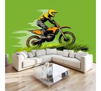 Papier peint Panoramique pour Enfant 350 x 256 cm Vert gazon - Photo Murale Coureur Motocross Sports extrêmes - Revêtement Mural Décoratif - Décoration pour Salon Chambre Cuisine Salle de Bain Ado