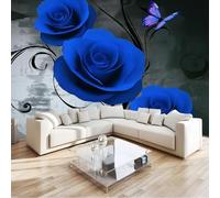 Papier peint Panoramique pour Enfant 400 x 280 cm - Photo Murale Roses bleues et papillons Shabby Chic - Revêtement Mural Décoratif - Décoration pour Salon Chambre Cuisine Salle de Bain Ado
