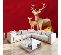 Papier peint Panoramique pour Enfant 400 x 280 cm Rouge - Photo Murale Éléments de Noël Cerf animal - Revêtement Mural Décoratif - Décoration pour Salon Chambre Cuisine Salle de Bain Ado