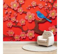 Papier peint Panoramique pour Enfant 400 x 280 cm Rouge - Photo Murale Fleur de prunier chinoise oiseaux oriental - Revêtement Mural Décoratif - Décoration pour Salon, Chambre, Cuisine, Salle de Bain