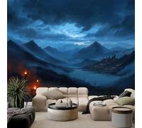 Papier peint Panoramique pour Enfant 400x280cm Style milieu de siècle - Photo Murale Paysage nocturne Peinture de paysage Village - Revêtement Mural Décoratif - Décoration pour Salon, Chambre, Cuisine