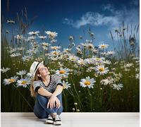 Papier Peint Panoramique Prairie de marguerites Ciel bleu 350x256cm Poster Geant Mural 3D, Tapisserie Photo Peinture Murale, Papier Peint Style pastoral rural Fresque Pour Salon Chambre Bleu-vert