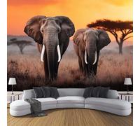 Papier Peint Panoramique Prairies Éléphants Coucher Soleil Poster Intissé Geant Mural 3D 350× 256cm Photo Mural Afrique Animaux Wallpaper pour Chambre Salon Personnalisé XXL Décoration Murale Gris