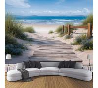 Papier Peint Panoramique Promenade De Plage Estivale - 350x250cm - Revêtement mural décoration salon - Dunes De Sable Et Mer 3D Poster Geant pour Salon Chambre restaurant Décoration, Bleu Clair