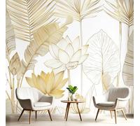 Papier Peint Panoramique Rayures Lotus Fleurs Poster Intissé Geant Mural 3D 100×70cm Photo Mural Tropicales Feuilles Palmier Wallpaper pour Chambre Salon Personnalisé Décoration Murale Blanc