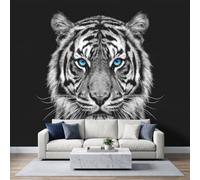 Papier Peint Panoramique Réalisme Monochrome Peinte Murale, Moderne Rustique Sauvage Animal Tigre Intissé Murale, Noir Blanc Photo Fresque pour Salon Chambre d'enfants Restaurant 250L x 175H cm