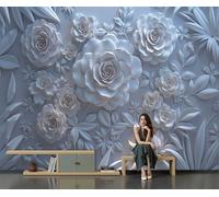 Papier peint Panoramique Relief Élégant En Trois Dimensions - Papier Peint Roses Feuilles Imperméable, Décoration Murale Blanc tissu non tissé, pour Chambre à Coucher Salon Cuisine - 300 x 210 cm
