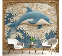 Papier Peint Panoramique Relief La Vie Marine, Papier Peint Peinture À L'Argile Représentant Des Dauphins, Fresque Murale - Décoration Murale Pour Salon, Chambre, Bureau - 450×315 CM (Indigo)