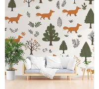 Papier Peint Panoramique Renard Peint Poster Geant Mural, Feuilles de Plantes, D'Arbres et De Fleurs Papier Peint Intissé Mural pour Salon Canapé TV Fond Décoration Murale 500x280cm(L x H)