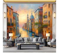 Papier peint panoramique Rétro 350 x 256 cm - Tanné Fond d'écran d'accueil Revêtement mural décoration pour chambre salon cuisine, Ville Architecture Canal modèle