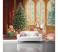 Papier Peint Panoramique Rétro Élégant Noël Ours En Peluche 250 x 175 cm (L x H) Papier Peint Intissé Mural, Poster Geant Mural 3D, Vert Décoration Murale pour Salon Chambre d'enfants restaurant