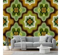 Papier Peint Panoramique Rétro Floral Géométrique 3D Intissé - 400 X 280 Cm, Artistique Grand Format, Poster Mural Décoratif Pour Salon Chambre Maison Décoration Vert Marron