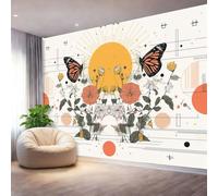 Papier Peint Panoramique Rétro Floral Géométrique, Blanc Tapisserie Murale Intissé 400 x 280 cm（WxH) - Design Écologique pour Salon Chambre Enfant et Bureau Décoration Murale