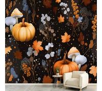 Papier Peint Panoramique Rétro Sombre Halloween Poster Mural, Citrouille Champignon Feuilles Automne Imprimé Papier Peint Intissé pour Salon Chambre d’Enfant et Bureau Décoration 400 x 280 cm
