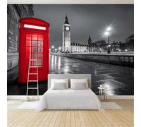 Papier Peint Panoramique Rétro Ville Cabine Téléphonique Tour De L'Horloge 350 x 256 cm - Décoration Murale pour Salon & Chambre d'Enfant, Papier Peint Intissé XXL Gris - Poster Tableaux Photo Murales