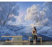 Papier Peint Panoramique Rive De La Rivière Givrée 350X256Cm, Paysages D'Hiver Poster Geant Mural 3D, Tapisserie Photo Peinture Murale, Papier Peint Intissé Fresque Pour Salon Chambre Toile Fond Tv