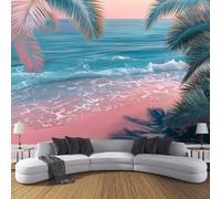 Papier Peint Panoramique Romance Plage Feuilles Palmier Poster Intissé Geant Mural 3D 260×180cm Photo Mural Vagues L'Océan Wallpaper pour Chambre Salon Personnalisé XL Décoration Murale Rose