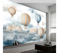 Papier peint panoramique romantique ballons village architecture, Poster mural papier peinture murale style dessin animé pour salon chambre chambre d'enfants restaurant décoration 250L x 175H cm