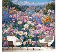 Papier Peint Panoramique Rose blanc 400x280cm - Revêtement Mural Pour Chambre Salon - paysage réaliste - Montagnes des champs de fleurs sauvages - Paysage Végétal Simple - Motif Personnalisé Murale
