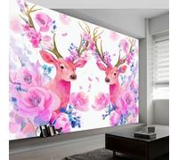 Papier Peint Panoramique Rose Fleurs Animaux Cerf, Papier Peint Intissé Aquarelle Minimaliste Art EsthéTique Moderne pour Salon Adulte Chambre D'Enfants Restaurant Décoration Murale 350L x 256H cm