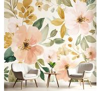 Papier Peint Panoramique Rouge Doré Fleurs À L'Aquarelle 3D Murale Plantes Impressionnistes Pour Décoration Chambre Salon Tv Canapé Thème Hôtel Luxe Couloir Fond Mur Peinture À La Maison,450X300Cm