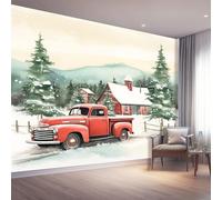 Papier Peint Panoramique Rouge Nontissés Murales, Noël Vintage Collines Camion Art Poster Geant Décoration Murale pour Salon Chambre Bureau 250 x 175 cm (L x H)