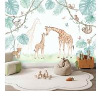 Papier Peint Panoramique Safari Animal Décoration Murale 350 x 256cm | Géant 3D Papier Peint Intissé pour Salon Chambre Salle à Manger Chambre d'Enfant, Dessin Animé Jungle Girafe Paresseux Poster